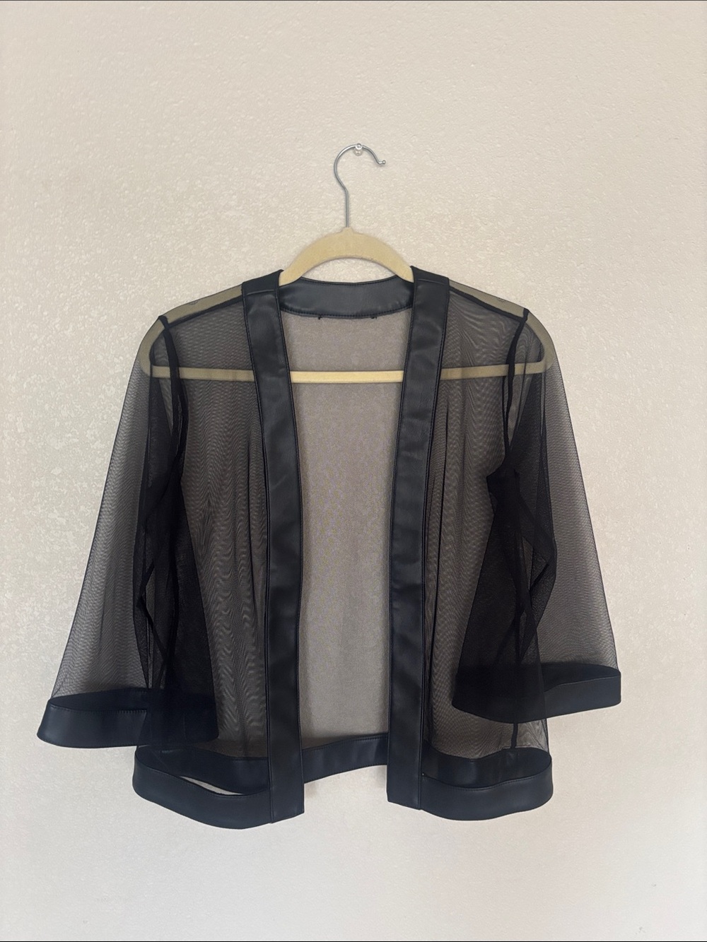 Black Sheer Mesh Open-Front Jacket with Satin Trim